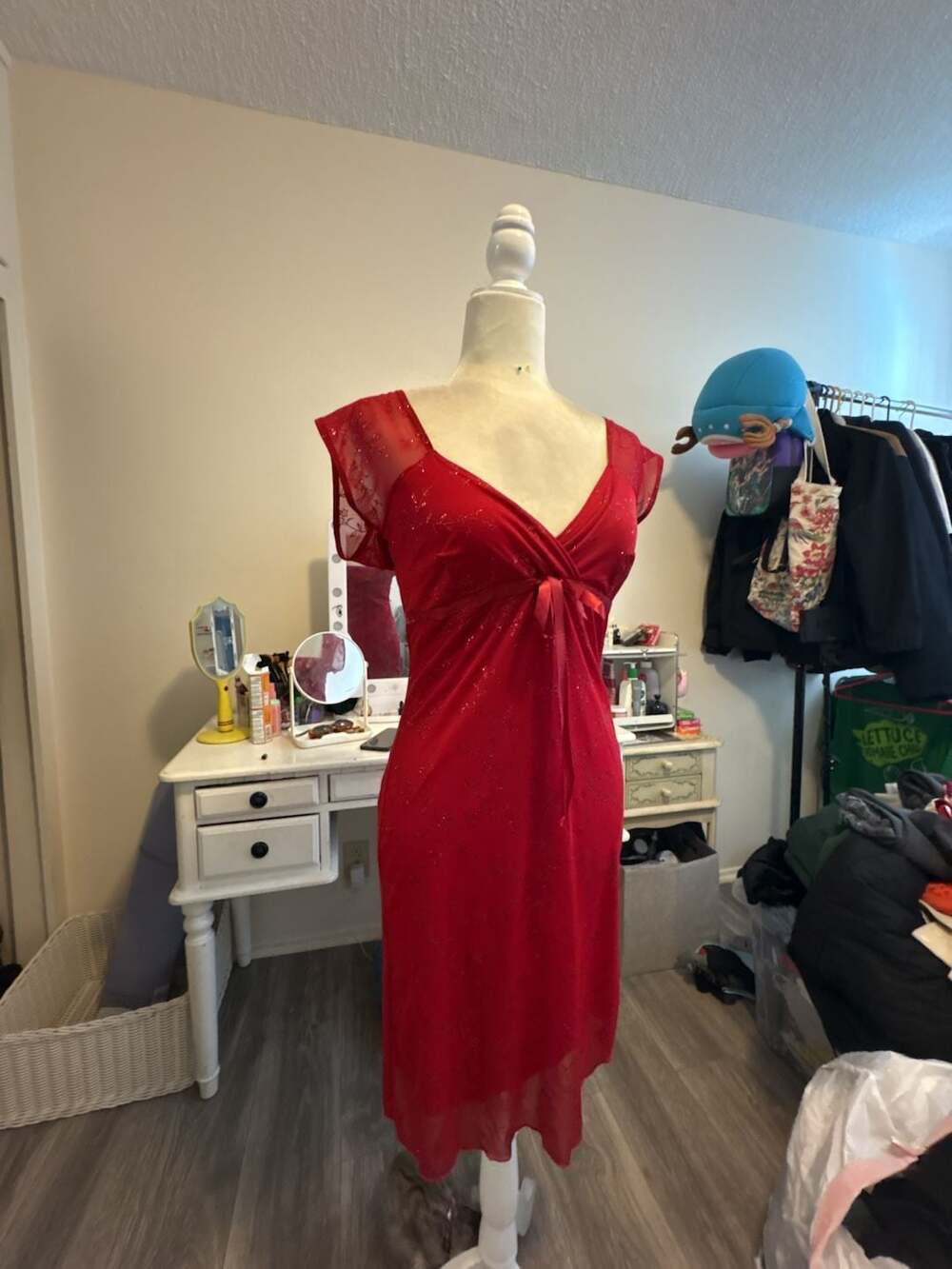 Taboo Vintage Y2K Red Sparkle Floral Midi Dress with Sheer Sleeves